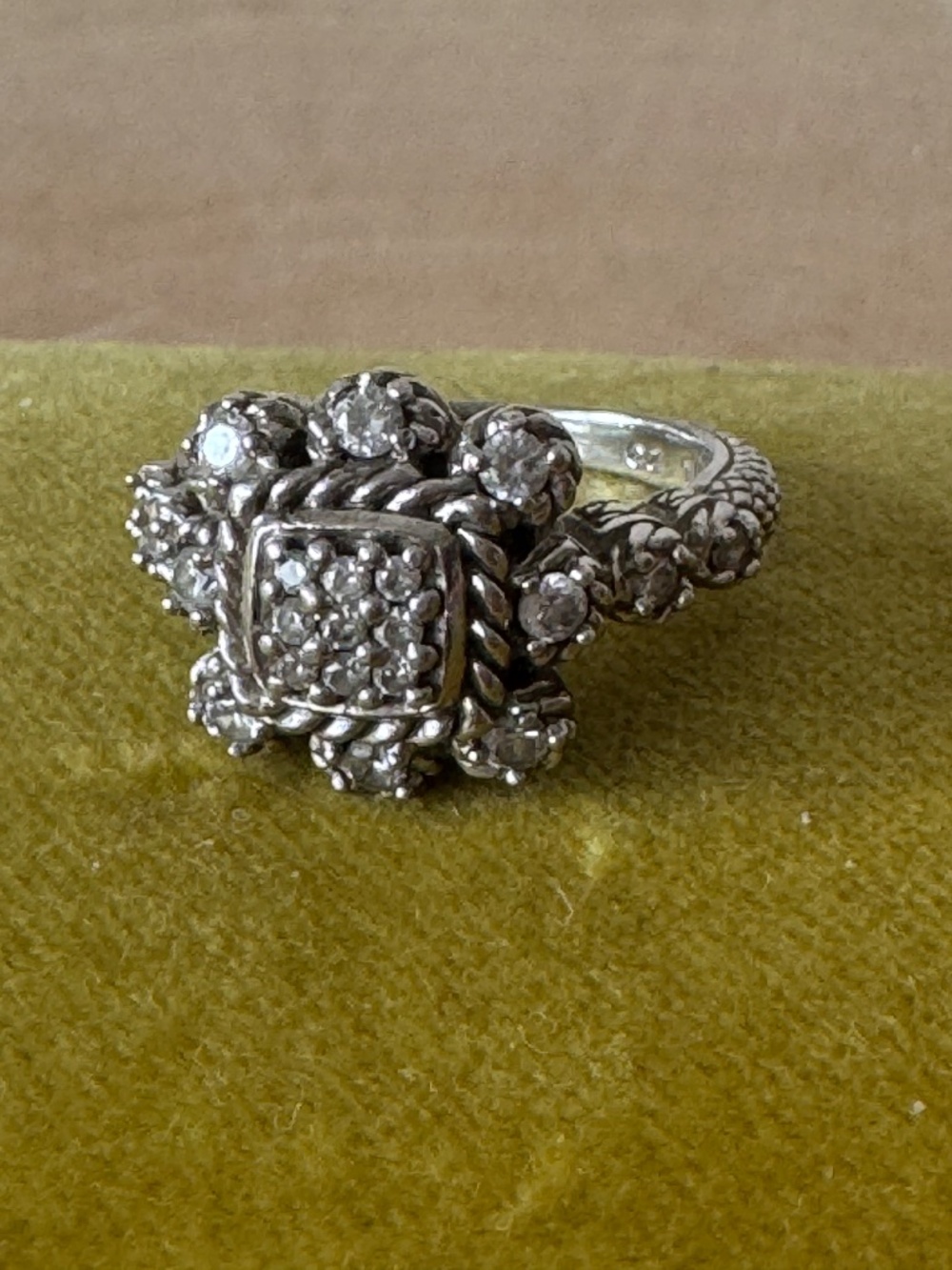 Judith Ripka 925 Sterling Silver CZ Square Cluster Cocktail Ring Size 8